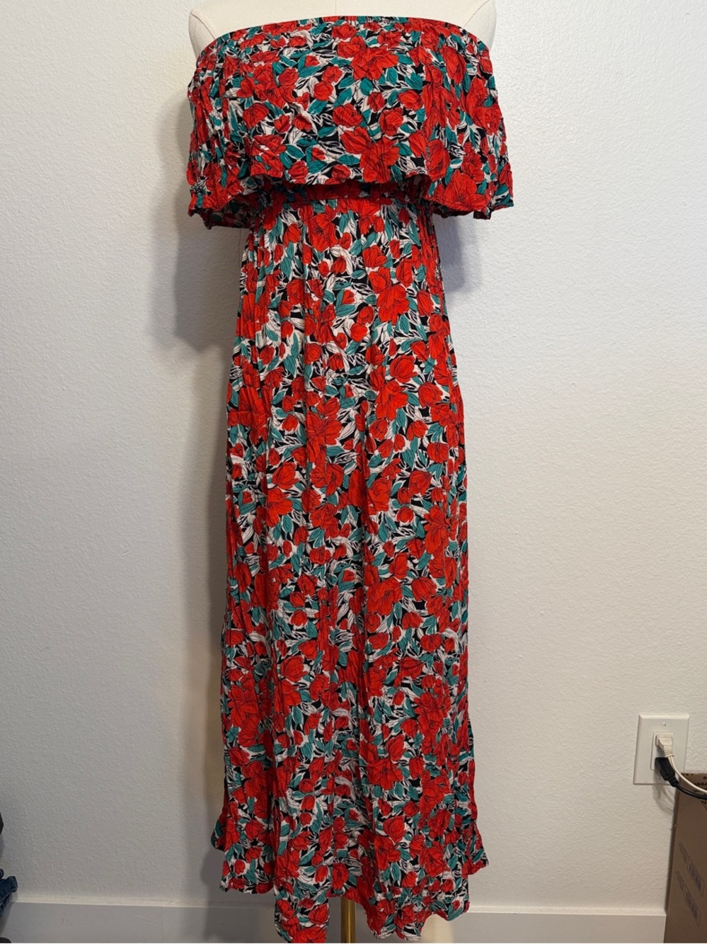 Off-Shoulder Red Floral Maxi Dress with Smocked Bodice